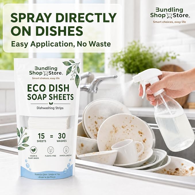 Eco Dish Soap Sheets – Eco Dishwashing Strips for Dishwasher Machines and Hand Washing – Travel & Home, 15 Sheets Up to 30 Washes (SPRAY BOTTLE NOT INCLUDED)