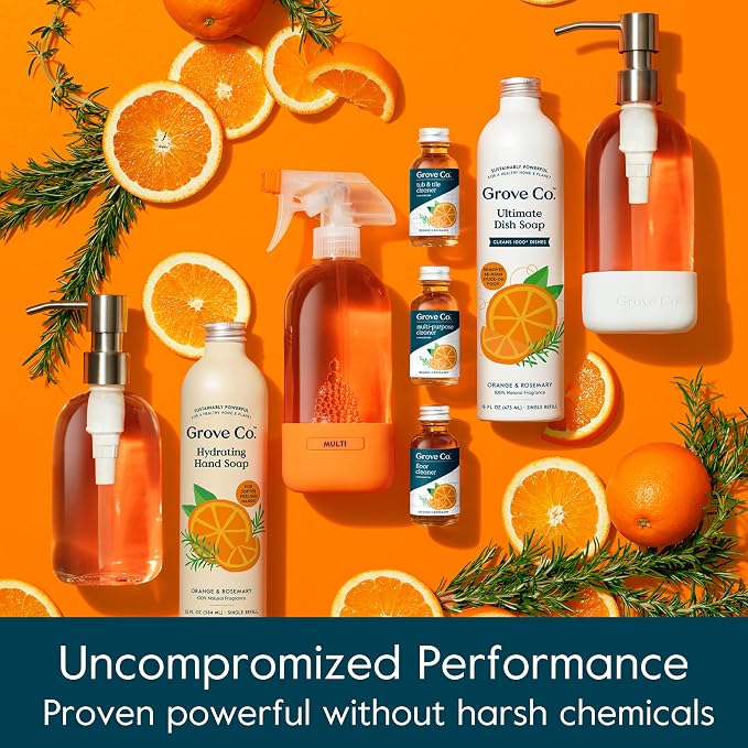 Grove Co. Dish Soap, 3 x 16 fl oz Refills + Refillable Glass Dispenser | Orange & Rosemary; Plastic-Free; Reusable dispenser; Refill format; Removes Stuck on Food; 98% plant-based ingredients