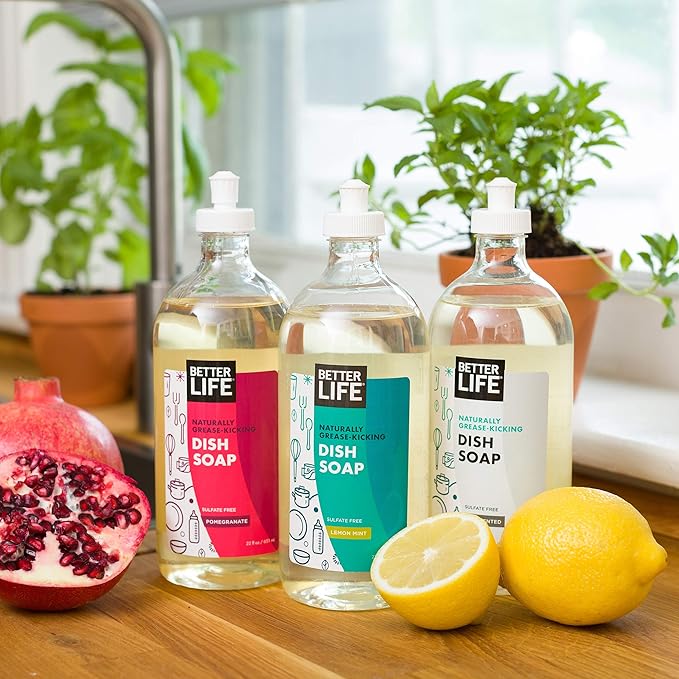 Better Life Dish Soap - Liquid Dishwashing Soap with Vitamin E and Aloe for Home & Kitchen Sink - No Gloves Required Kitchen Soap for Sensitive Skin - 22oz (Pack of 2) Lemon Mint