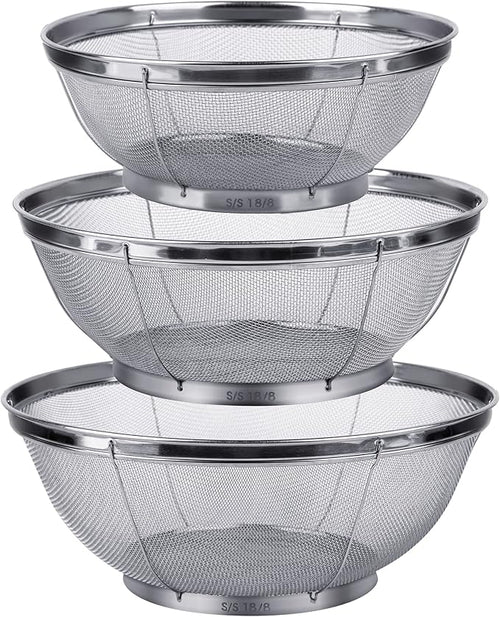 3 Pack Strainers for Kitchen, 18/8 Stainless Steel Colander, Fine Mesh Strainer by Tiawudi