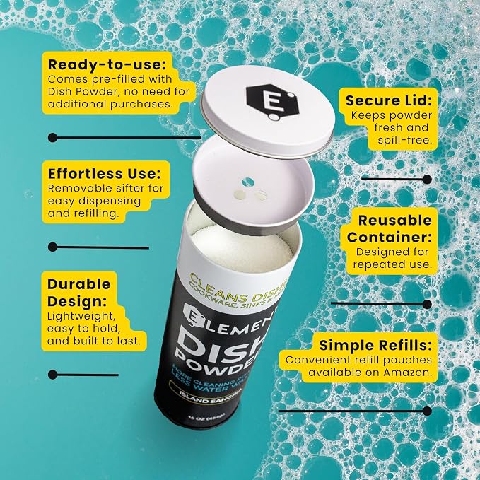 ELEMENT Dish Powder | Grease-Fighting Dish Soap | No Harsh Chemicals, Liquidless, Plastic-Free | Plant-Based Pouch (16 OZ in Refillable Shaker, Island Sangria)